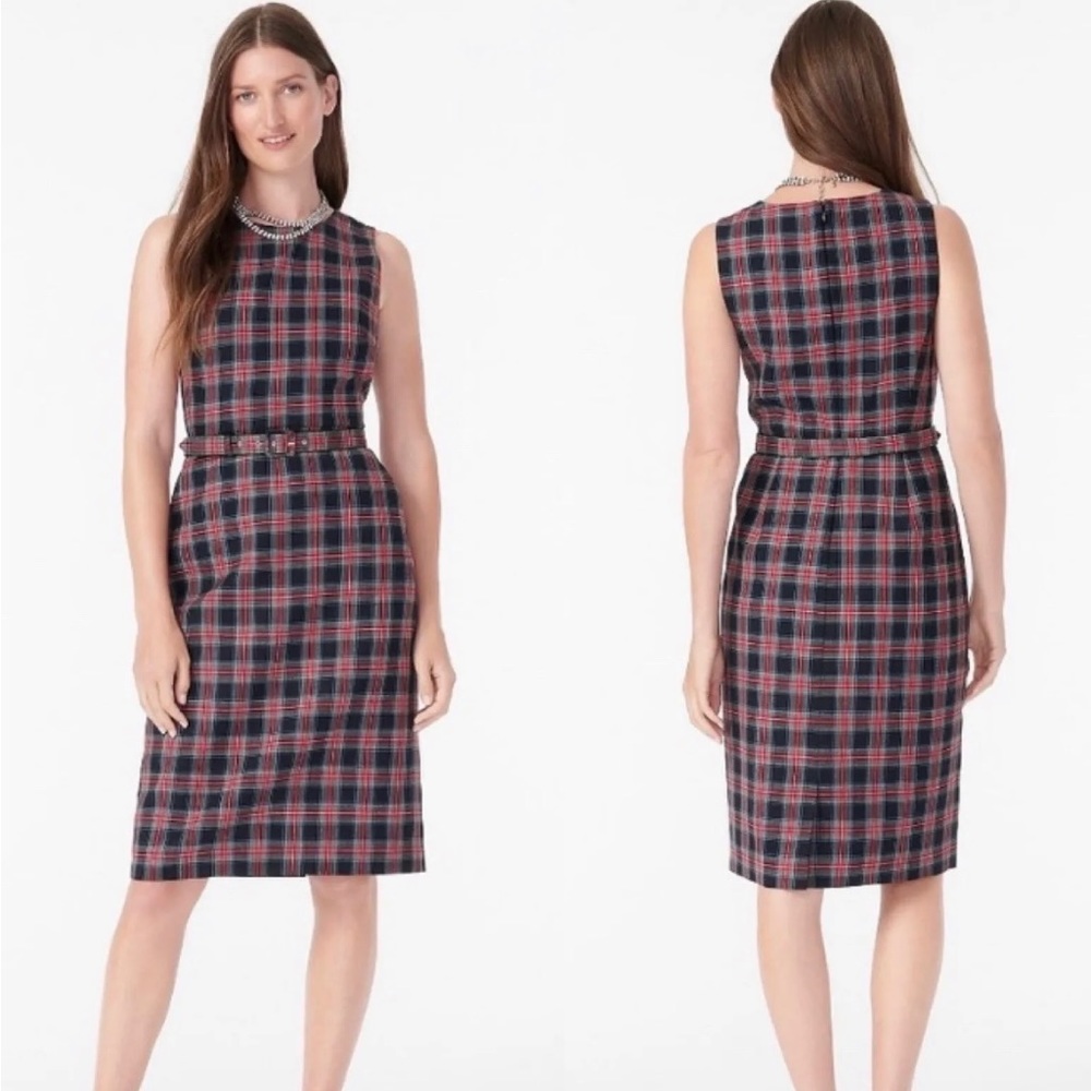J Crew AT605 NWT $198 Size 0P Belted Sheath Dress in NAVY Stewart Tartan Plaid